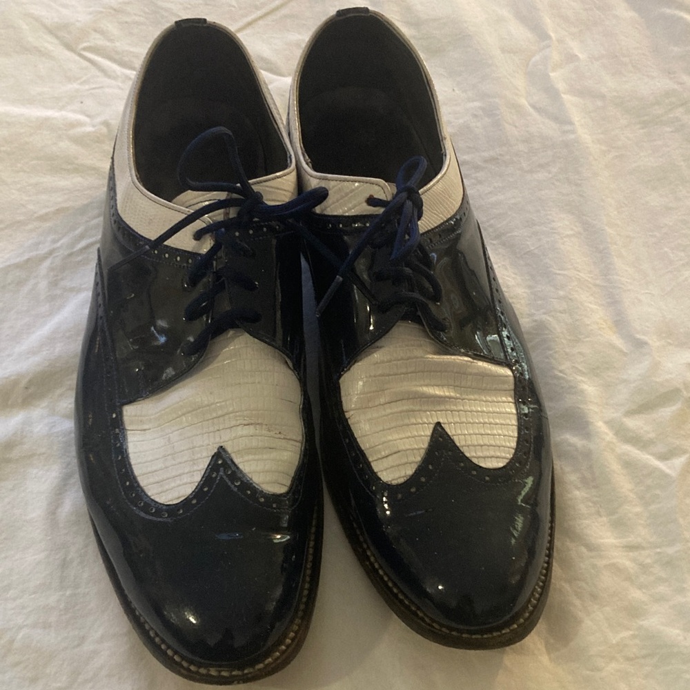 Stacy Baldwin Two-Tone Green and White Patent Leather Men’s Dress Oxfords 12